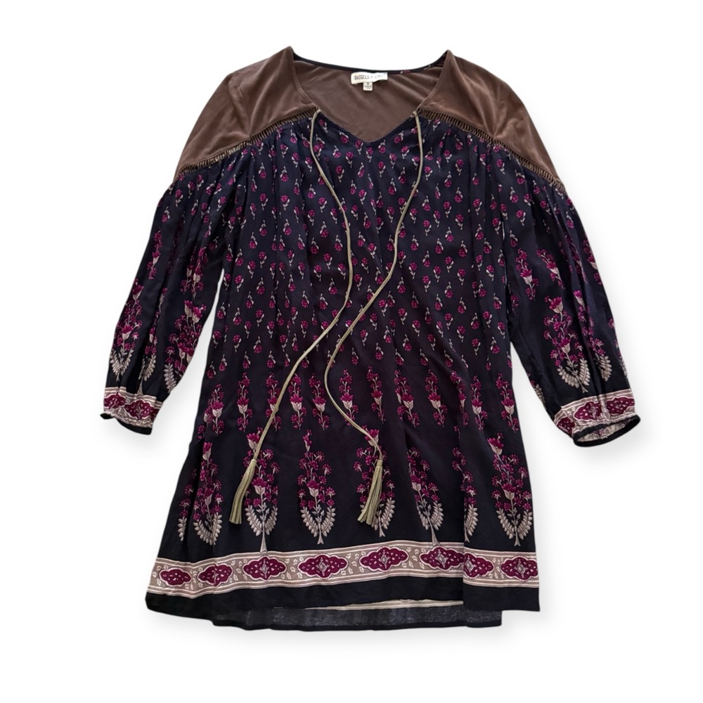 Tassels N Lace Boho Floral Tunic Dress with Brown Yoke